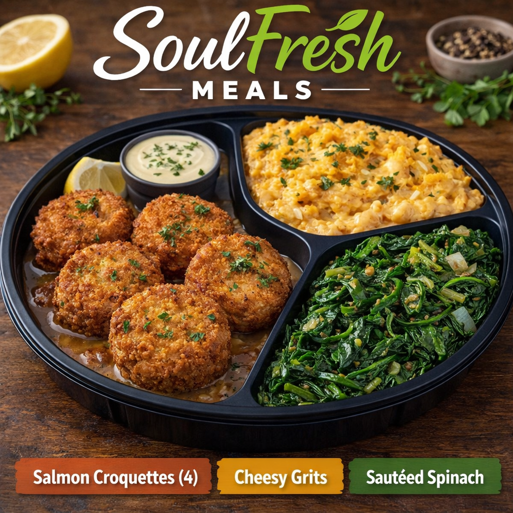 Salmon Croquette (4) with Lemon Aioli --- Cheesy Grits---Sautéed Spinach