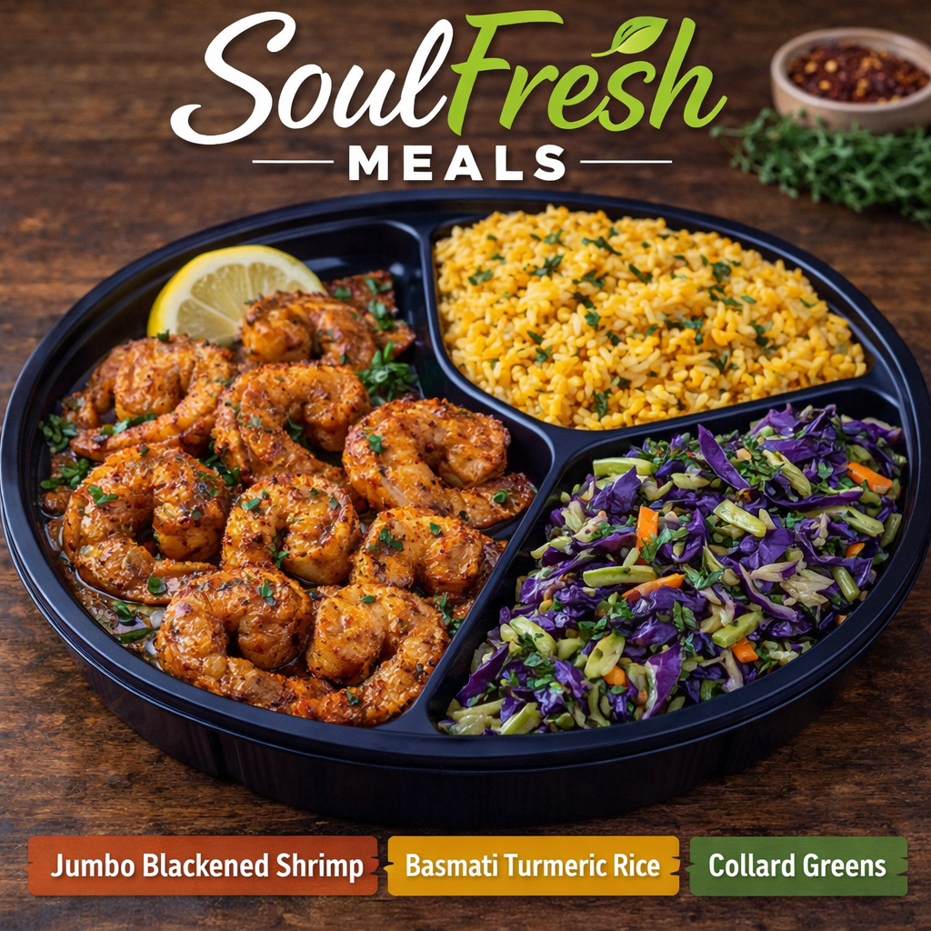 Blackened Jumbo Shrimp---- Basmati Turmeric Rice--- Tri-color Cabbage Medley