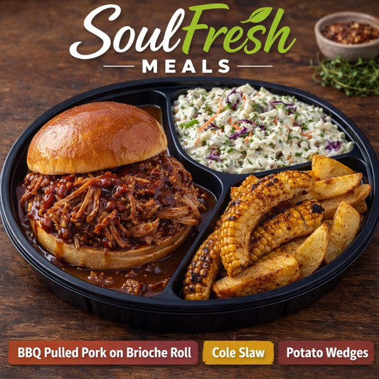 BBQ Pulled Pork ---- Brioche Roll ---- Creamy Cole Slaw and Garlic Butter Corn Ribs--Potato Wedges