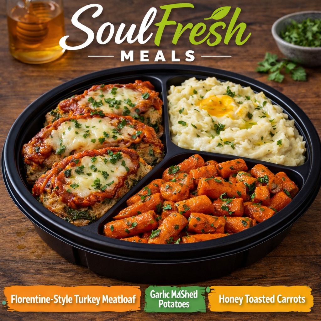 Florentine Style Turkey Meatloaf ----Garlic Mash Potatoes --- Honey Roasted Carrots