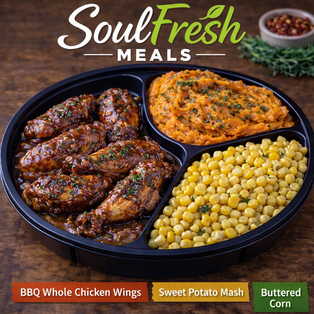 BBQ Baked Chicken Whole Wings (6ct.)----Sweet Potato Mash and Buttered Corn
