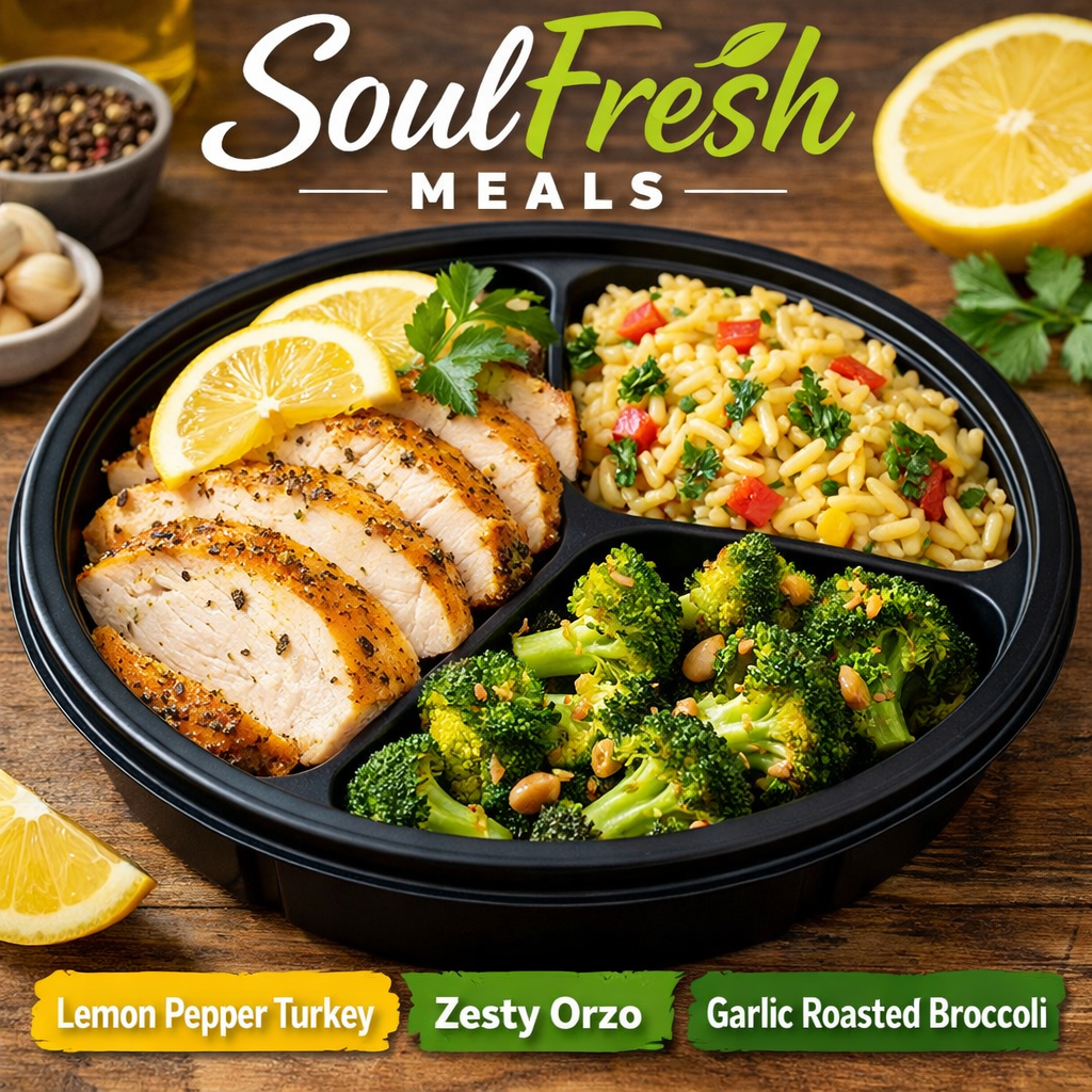 Lemon Pepper Turkey Breast ---- Zesty Orzo --- Roasted Garlic Broccoli