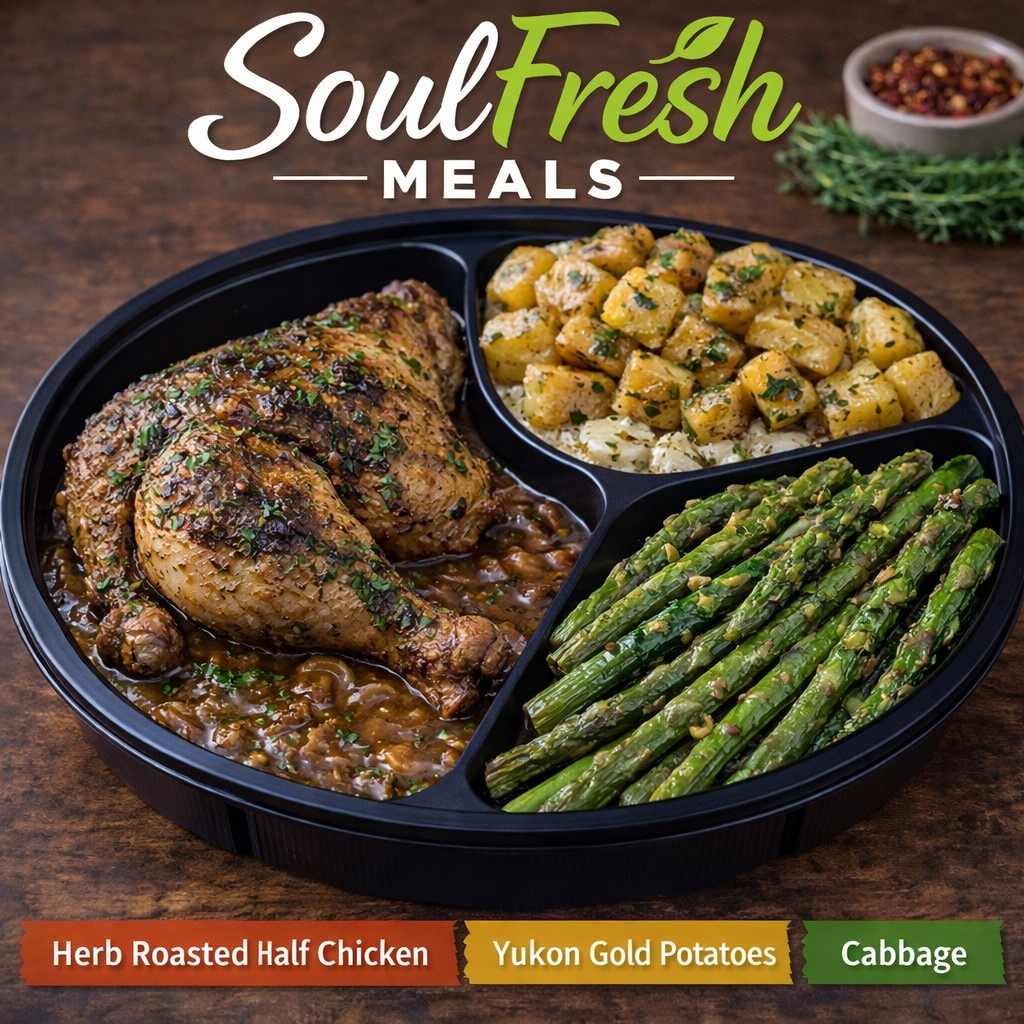 Herb Roasted Half Chicken --- Yukon Gold Potatoes and Lemon roasted garlic Asparagus