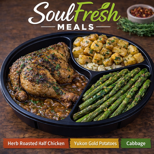 Herb Roasted Half Chicken --- Yukon Gold Potatoes and Lemon roasted garlic Asparagus