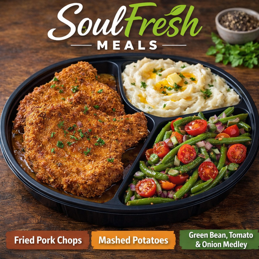 Crispy Fried Pork Chops--- Buttermilk Mash Potatoes--- Green Bean Tomato & Onion Medley