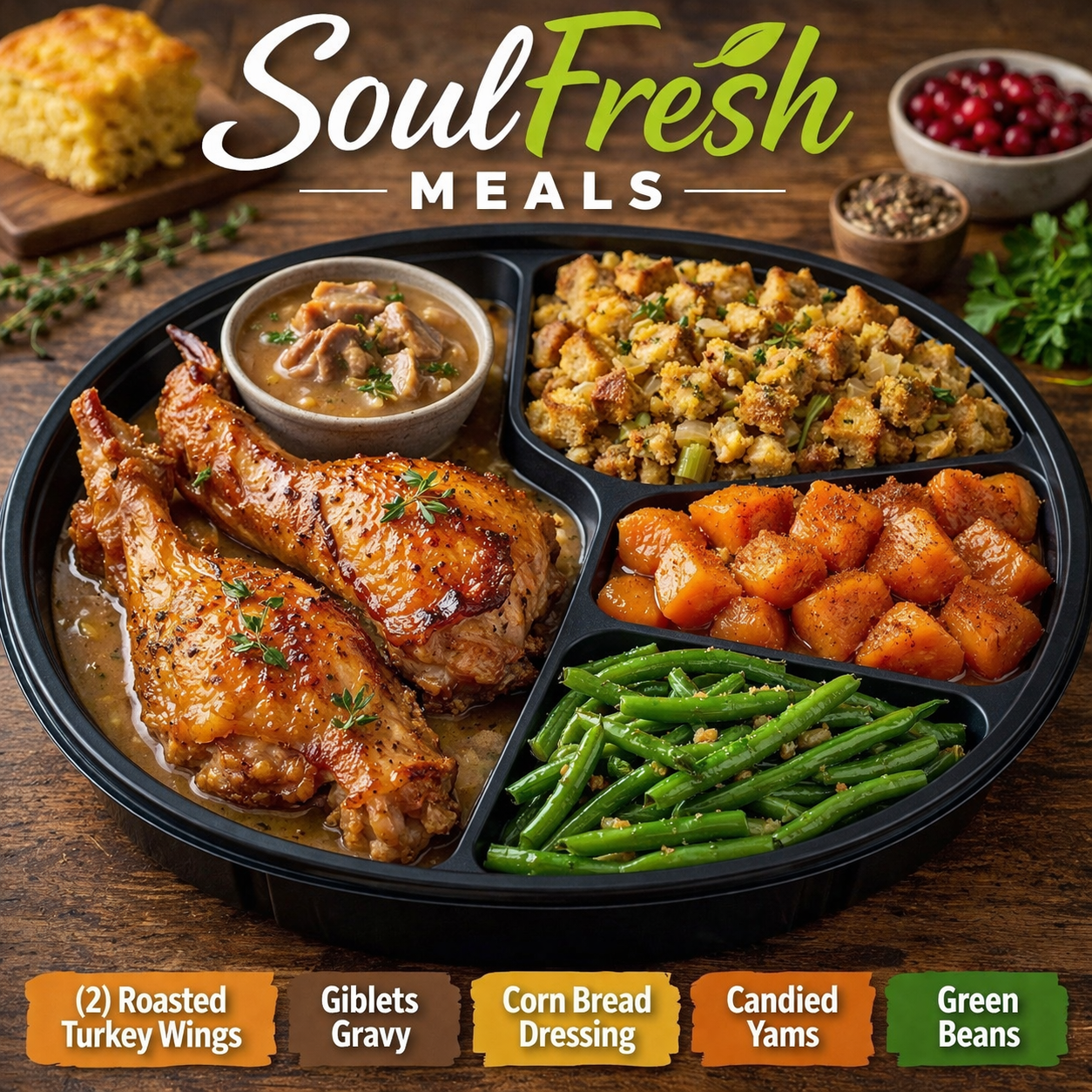 Roasted Turkey Wings with Giblet Gravy ---- Corn Bread Dressing -- Candied Yam --- Green Beans