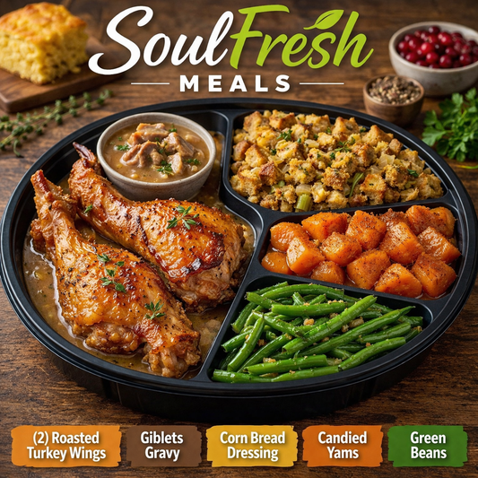 Roasted Turkey Wings with Giblet Gravy ---- Corn Bread Dressing -- Candied Yam --- Green Beans
