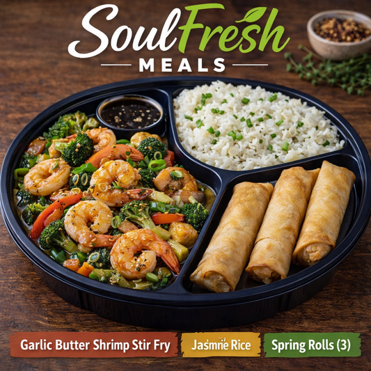 Garlic Butter Shrimp Stir-Fry ---- Jasmine Rice ---- Vegetable Spring Rolls (3)