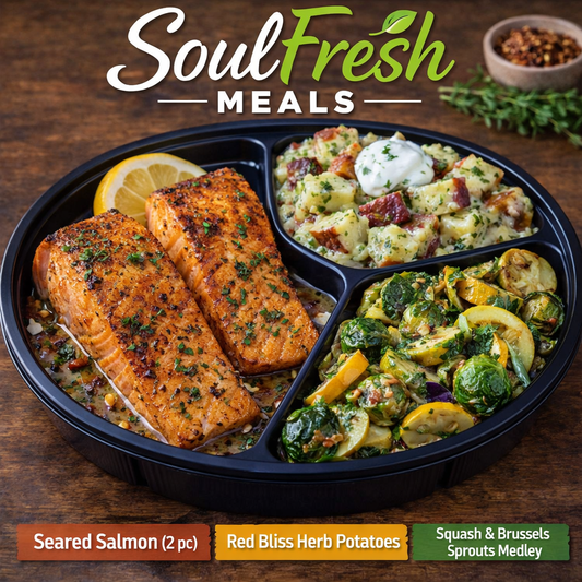 Seared Salmon---- Red Bliss Potatoes with Butter & Sour Cream--- Brussel Sprout & Squash Medley