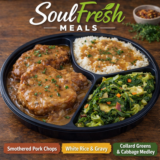 Smothered Pork Chops--- White Rice and Gravy --- Collard Green & Cabbage Medley