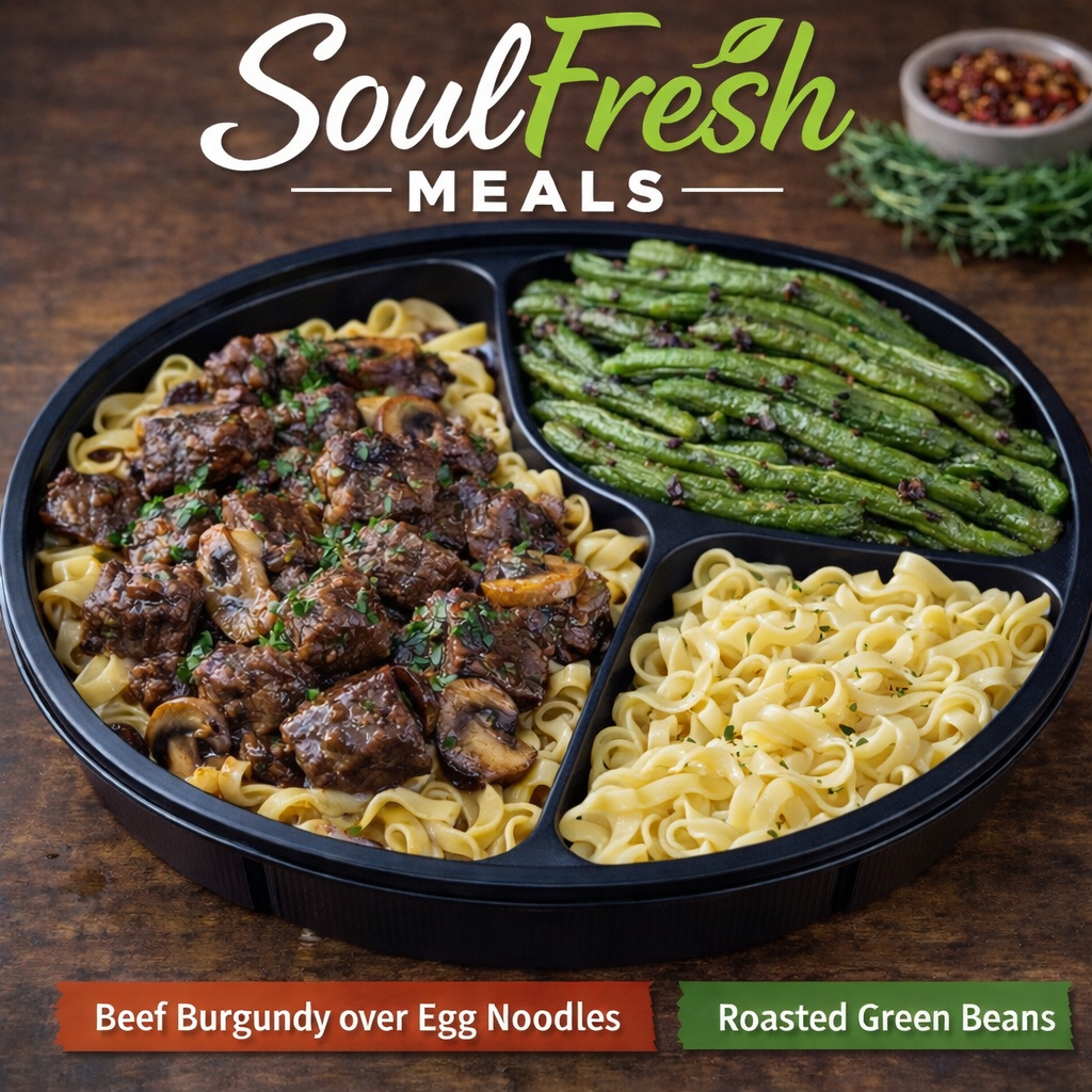 Beef Burgundy----Garlic Butter Egg Noodles ----Roasted Green Beans