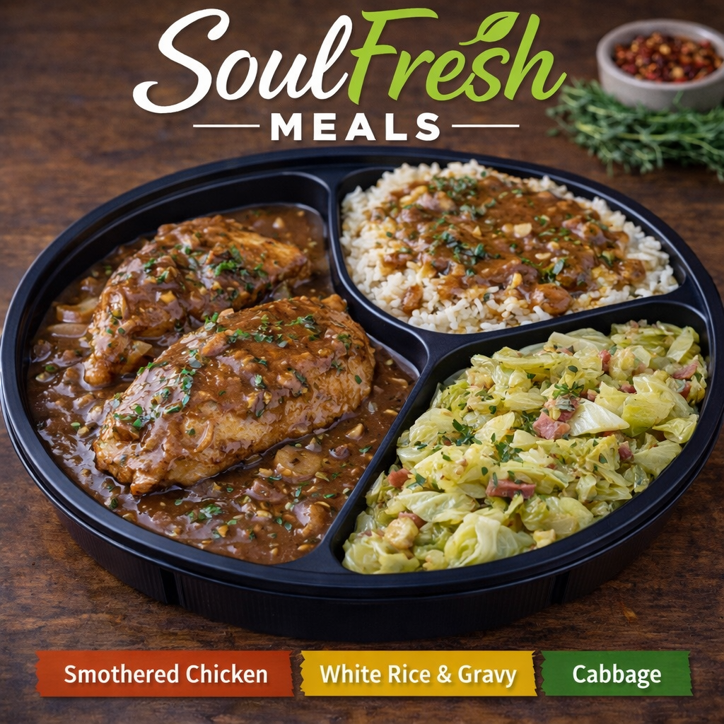 Smothered Chicken---- White Rice and Gravy with braised Cabbage