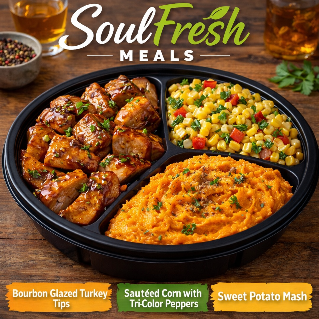 Bourbon Glazed Turkey Tips ---Sweet Potato Mash--- Sautéed Corn and Tri-Pepper Medley