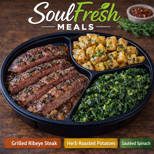 Grilled Ribeye --- Herb Roasted Potatoes with Sautéed Spinach